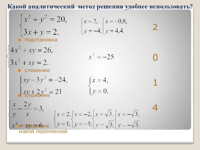 Какой аналитический метод решения удобнее использовать? 2 подстановка 0 сложение 1 сложение 4 введение новой переменной