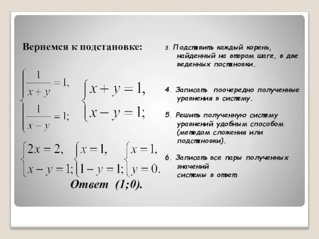 Вернемся к подстановке: Ответ (1;0). 3. Подставить каждый корень, найденный на втором