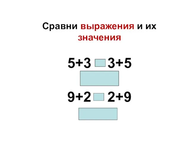 Сравни выражения и их значения 5+3 = 3+5 8=8 9+2 = 2+9 11=11
