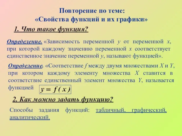 Повторение по теме: «Свойства функций и их графики» 1. Что такое функция?