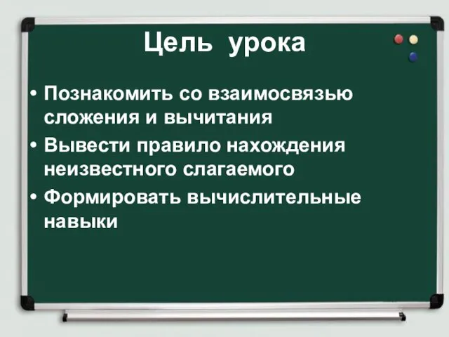 Цель урока Познакомить со взаимосвязью сложения и вычитания Вывести правило нахождения неизвестного слагаемого Формировать вычислительные навыки