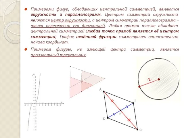 Примерами фигур, обладающих центральной симметрией, являются окружность и параллелограмм. Центром симметрии окружности