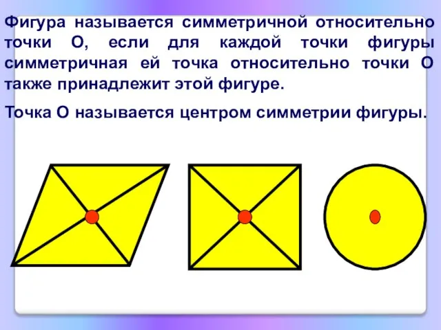 Фигура называется симметричной относительно точки О, если для каждой точки фигуры симметричная