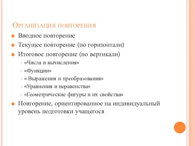 Организация повторения Вводное повторение Текущее повторение (по горизонтали) Итоговое повторение (по вертикали)