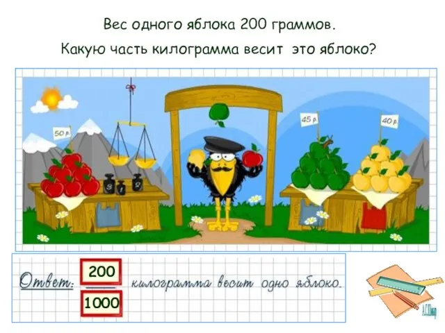 Вес одного яблока 200 граммов. Какую часть килограмма весит это яблоко?