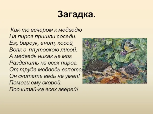 Загадка. Как-то вечером к медведю На пирог пришли соседи: Еж, барсук, енот,