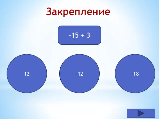 Закрепление -15 + 3 Подумай! 12 Молодец! Подумай! -18 -12