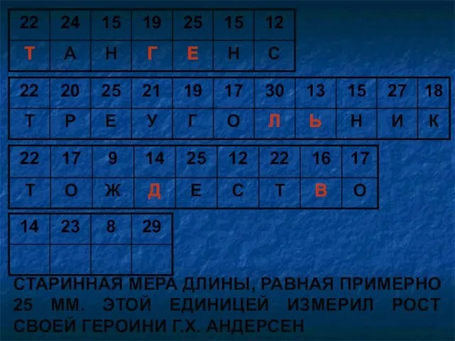 СТАРИННАЯ МЕРА ДЛИНЫ, РАВНАЯ ПРИМЕРНО 25 ММ. ЭТОЙ ЕДИНИЦЕЙ ИЗМЕРИЛ РОСТ СВОЕЙ ГЕРОИНИ Г.Х. АНДЕРСЕН