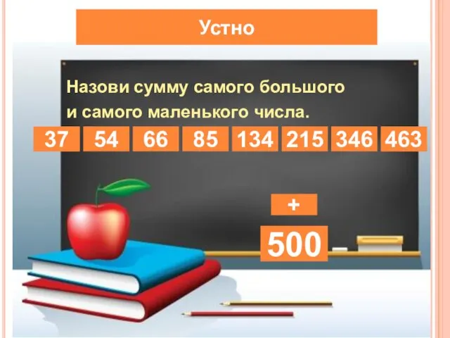 Устно Назови сумму самого большого и самого маленького числа. 134 66 54