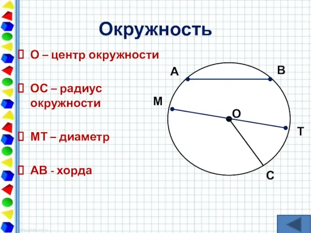 Окружность О – центр окружности ОС – радиус окружности МТ – диаметр