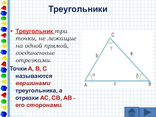Треугольники Треугольник три точки, не лежащие на одной прямой, соединенные отрезками. Точки