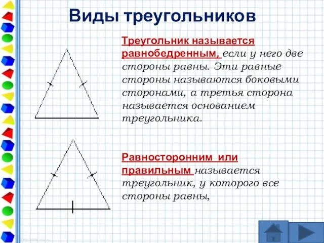 Виды треугольников Треугольник называется равнобедренным, если у него две стороны равны. Эти
