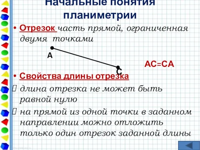 Начальные понятия планиметрии Отрезок часть прямой, ограниченная двумя точками Свойства длины отрезка