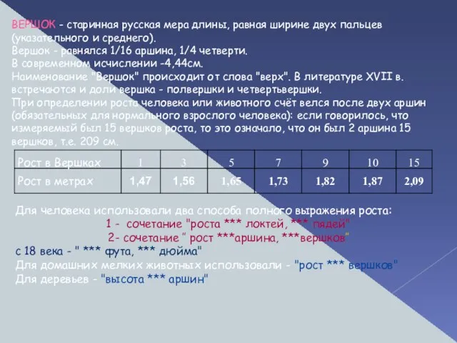 ВЕРШОК - старинная русская мера длины, равная ширине двух пальцев (указательного и