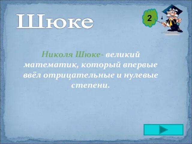 Николя Шюке- великий математик, который впервые ввёл отрицательные и нулевые степени. 2 Шюке