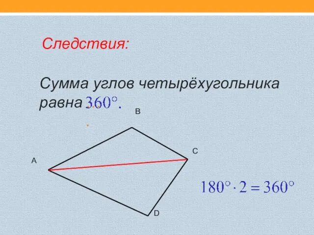 Сумма углов четырёхугольника равна … . A B C D Следствия: