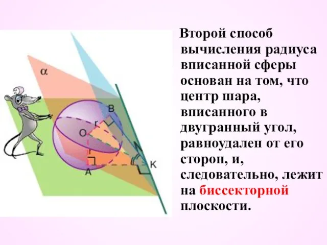 Второй способ вычисления радиуса вписанной сферы основан на том, что центр шара,