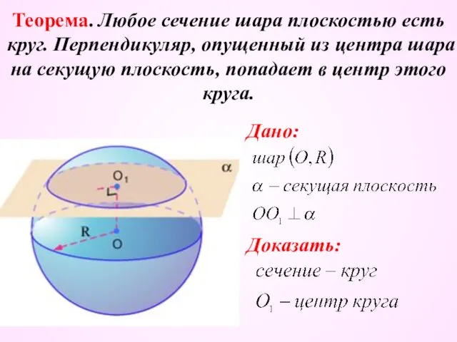 Теорема. Любое сечение шара плоскостью есть круг. Перпендикуляр, опущенный из центра шара