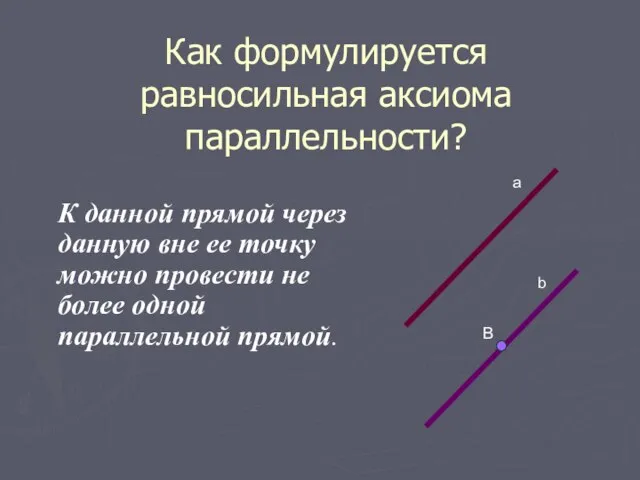 Как формулируется равносильная аксиома параллельности? К данной прямой через данную вне ее