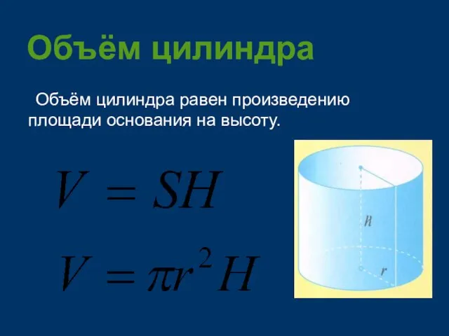 Объём цилиндра Объём цилиндра равен произведению площади основания на высоту.