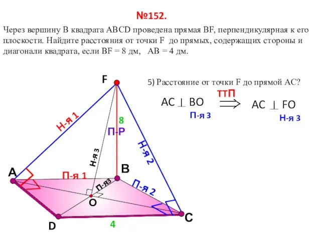 В Через вершину B квадрата АВСD проведена прямая ВF, перпендикулярная к его