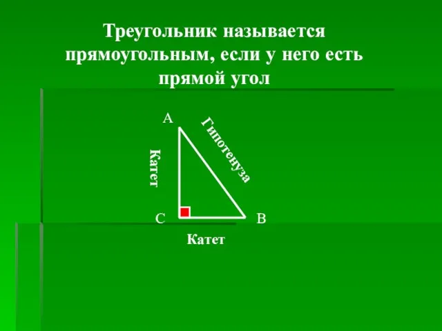 Треугольник называется прямоугольным, если у него есть прямой угол А В С Гипотенуза Катет Катет