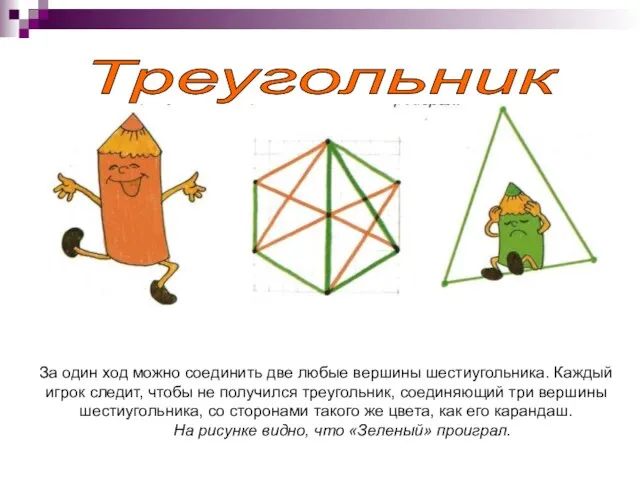 Треугольник За один ход можно соединить две любые вершины шестиугольника. Каждый игрок