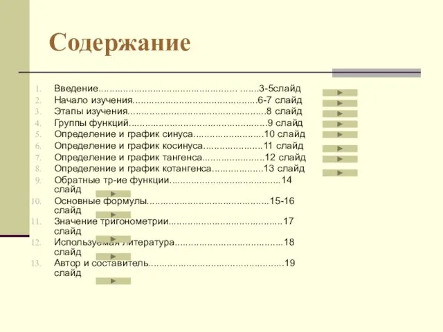 Содержание Введение................................................... .......3-5слайд Начало изучения..............................................6-7 слайд Этапы изучения...................................................8 слайд Группы функций...................................................9 слайд