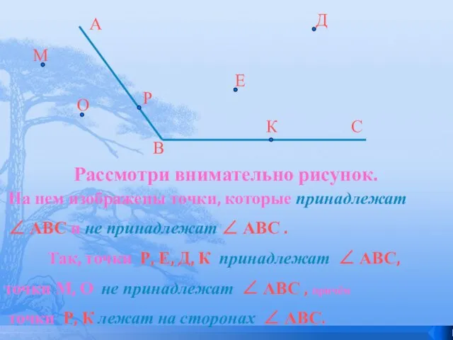 Рассмотри внимательно рисунок. На нем изображены точки, которые принадлежат ∠ АВС и