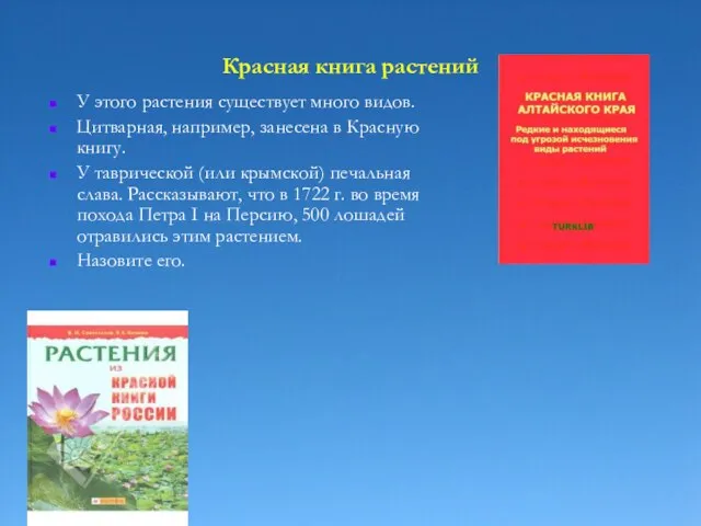 Красная книга растений У этого растения существует много видов. Цитварная, например, занесена