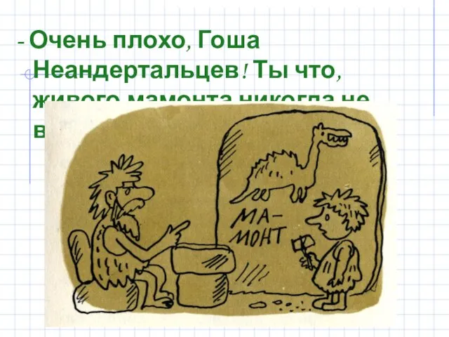 - Очень плохо, Гоша Неандертальцев! Ты что, живого мамонта никогда не видел?