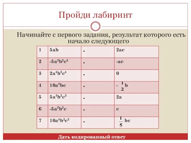 Пройди лабиринт Начинайте с первого задания, результат которого есть начало следующего Дать кодированный ответ