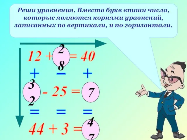 12 + х = 40 Реши уравнения. Вместо букв впиши числа, которые