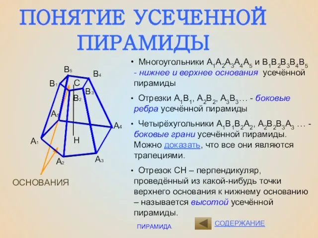 ПИРАМИДА СОДЕРЖАНИЕ ПОНЯТИЕ УСЕЧЕННОЙ ПИРАМИДЫ ОСНОВАНИЯ С Н Многоугольники А1А2А3А4А5 и В1В2В3В4В5
