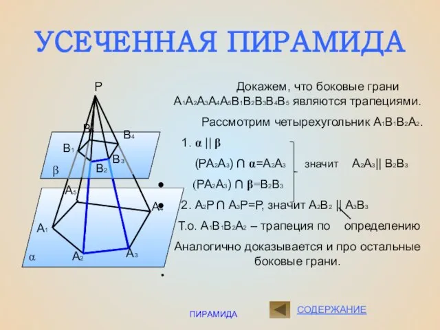 ПИРАМИДА УСЕЧЕННАЯ ПИРАМИДА α β Р Докажем, что боковые грани А1А2А3А4А5В1В2В3В4В5 являются