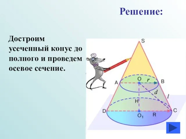 Достроим усеченный конус до полного и проведем осевое сечение. Решение: