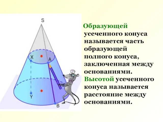 Образующей усеченного конуса называется часть образующей полного конуса, заключенная между основаниями. Высотой