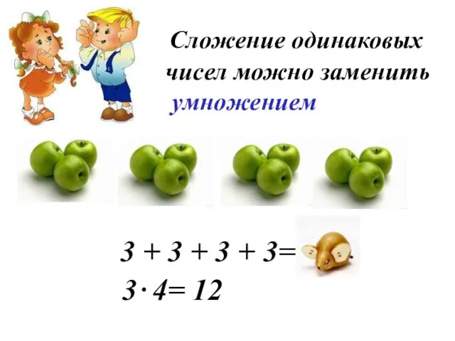 Сложение одинаковых чисел можно заменить умножением 3 + 3 + 3 +