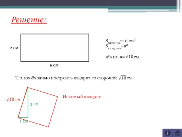 2 см 5 см Решение: Sпрям-ка=10 см2 Sквадрата=a2 a2=10; a= см Т.о.