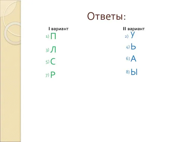 Ответы: I вариант II вариант 1) П 2) у 3) Л 4)