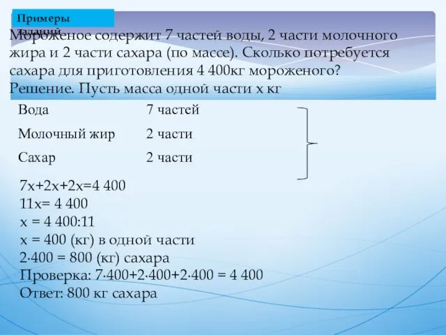 Примеры заданий Мороженое содержит 7 частей воды, 2 части молочного жира и