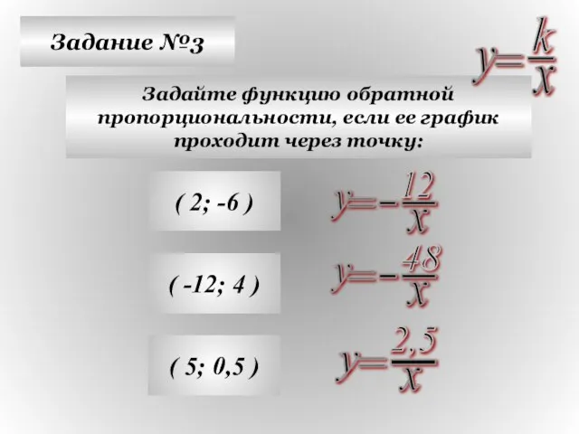 Задание №3 Задайте функцию обратной пропорциональности, если ее график проходит через точку: