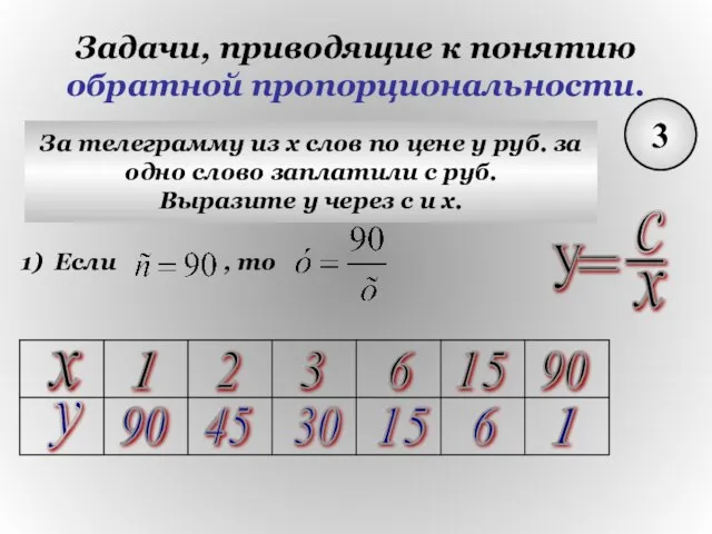 Задачи, приводящие к понятию обратной пропорциональности. 3 За телеграмму из х слов
