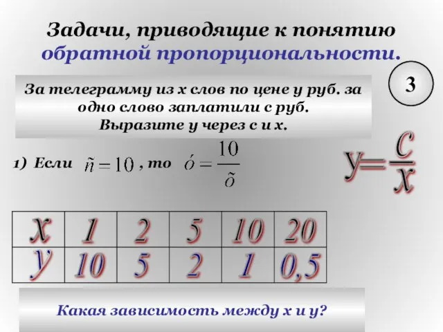Задачи, приводящие к понятию обратной пропорциональности. 3 За телеграмму из х слов