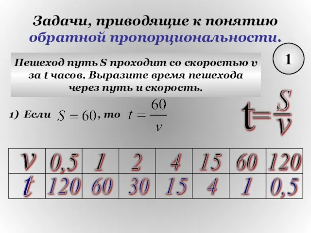 Задачи, приводящие к понятию обратной пропорциональности. 1 Пешеход путь S проходит со