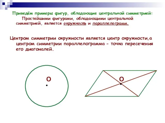 Приведём примеры фигур, обладающие центральной симметрией: Простейшими фигурами, обладающими центральной симметрией, является