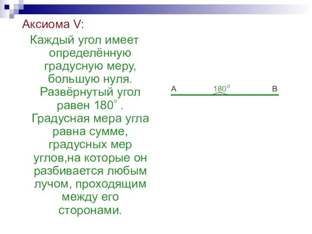 Аксиома V: Каждый угол имеет определённую градусную меру, большую нуля. Развёрнутый угол
