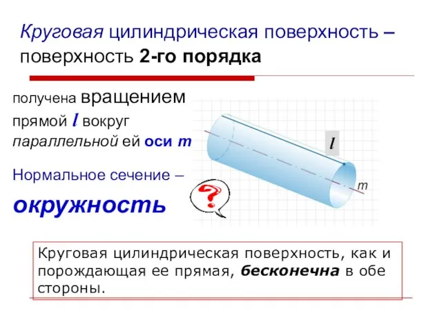 Круговая цилиндрическая поверхность – поверхность 2-го порядка получена вращением прямой l вокруг