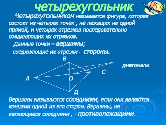 четырехугольник Четырехугольником называется фигура, которая состоит из четырех точек , не лежащих