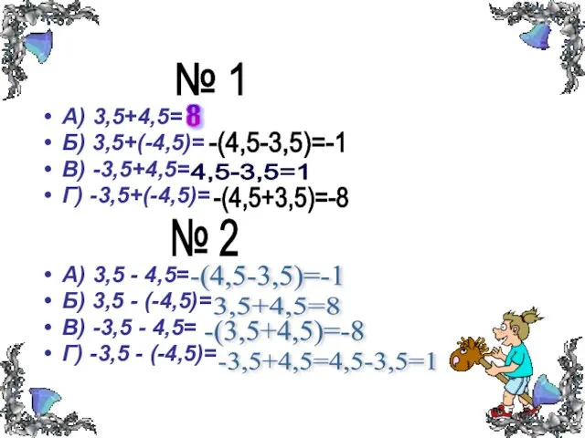 № 1 А) 3,5+4,5= Б) 3,5+(-4,5)= В) -3,5+4,5= Г) -3,5+(-4,5)= А) 3,5